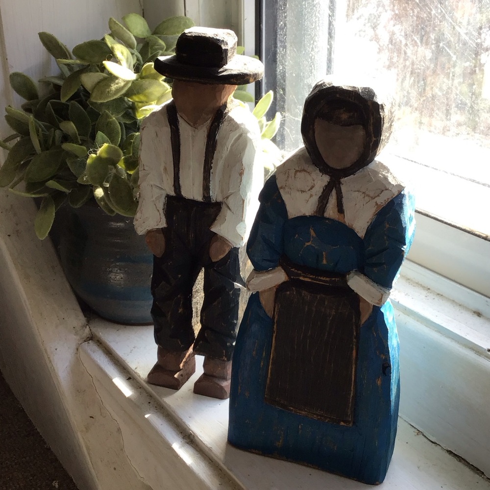 Hand-Carved Folk Art Amish Couple Wooden Figurines